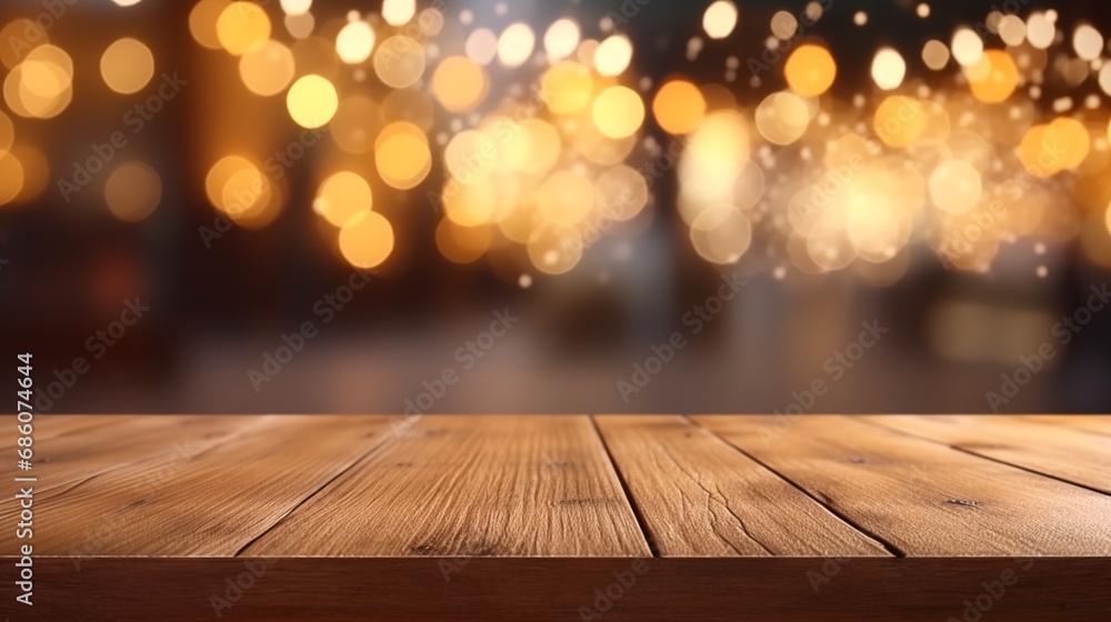Empty wooden table top with lights bokeh on blur restaurant background. Empty wooden table top with lights bokeh on blur restaurant background.