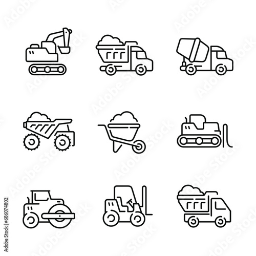 Construction vehicle icon set isolated on white background