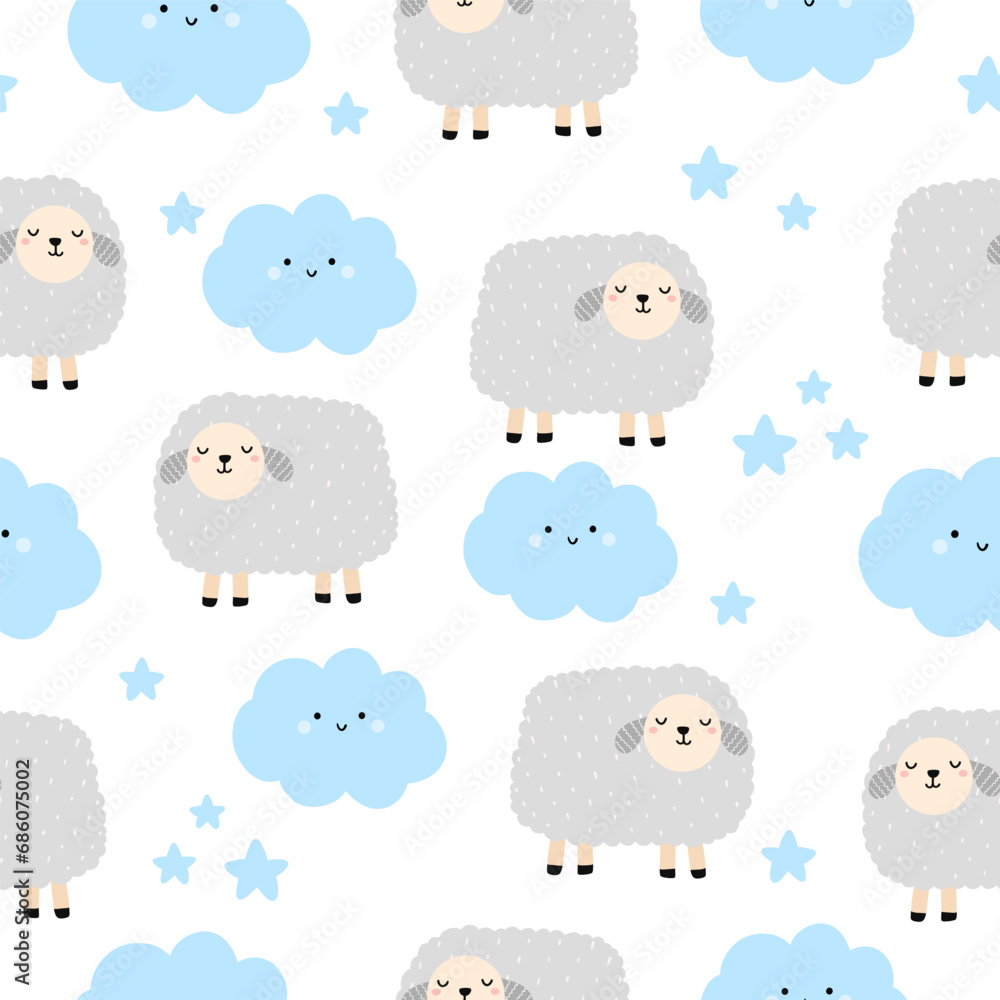 Seamless pattern with cute lamb, cloud and star for your fabric, children textile, apparel, nursery decoration, gift wrap paper, baby's shirt. Vector illustration Seamless pattern with cute lamb, cloud and star for your fabric, children textile, apparel, nursery decoration, gift wrap paper, baby's shirt. Vector illustration