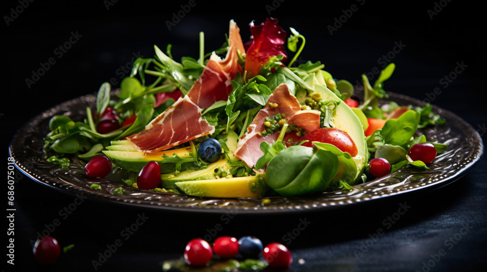 Green salad with leaves fruit and jamon