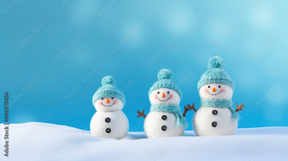 Little knitted snowmans on soft snow on blue background, copy space and generative ai Little knitted snowmans on soft snow on blue background, copy space and generative ai