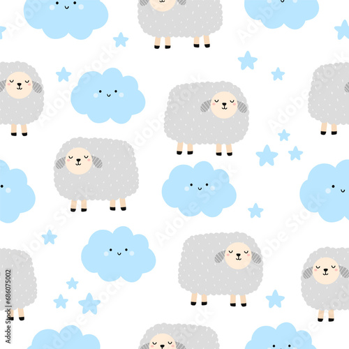 Seamless pattern with cute lamb, cloud and star for your fabric, children textile, apparel, nursery decoration, gift wrap paper, baby's shirt. Vector illustration