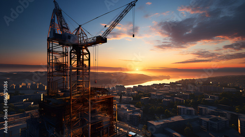  sunset sun dawn at construction site building crane technology New construction site with crane and mechanical equipment on sunset background construction.ai Generative
