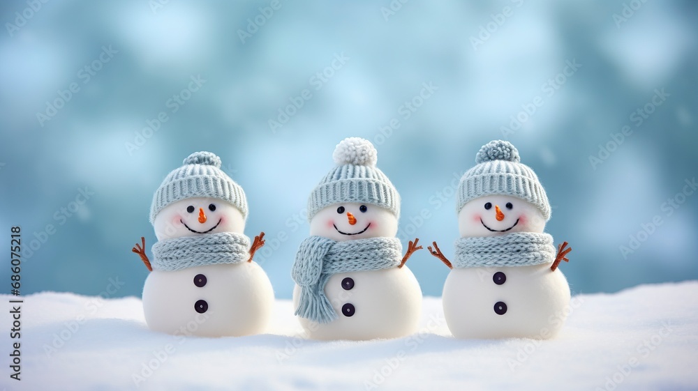 Little knitted snowmans on soft snow on blue background, copy space and generative ai Little knitted snowmans on soft snow on blue background, copy space and generative ai