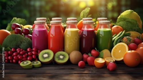 Fresh fruit and vegetable smoothies or juice in bottles with various ingredients around
