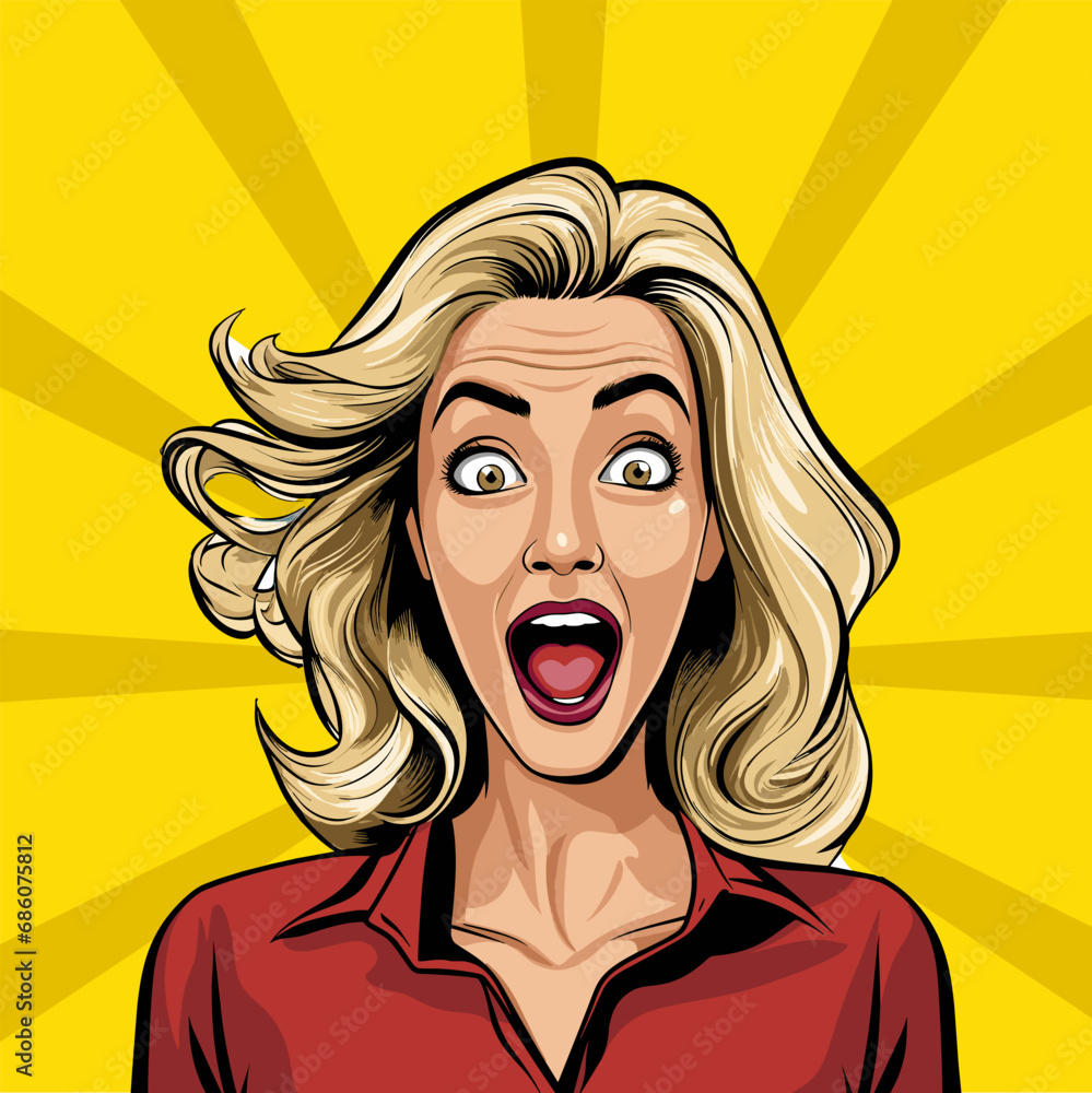 Excited blonde woman pop comic style vector illustration