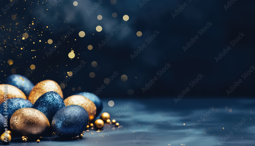 Gold and Blue Colors Eggs with Confetti, easter concept
