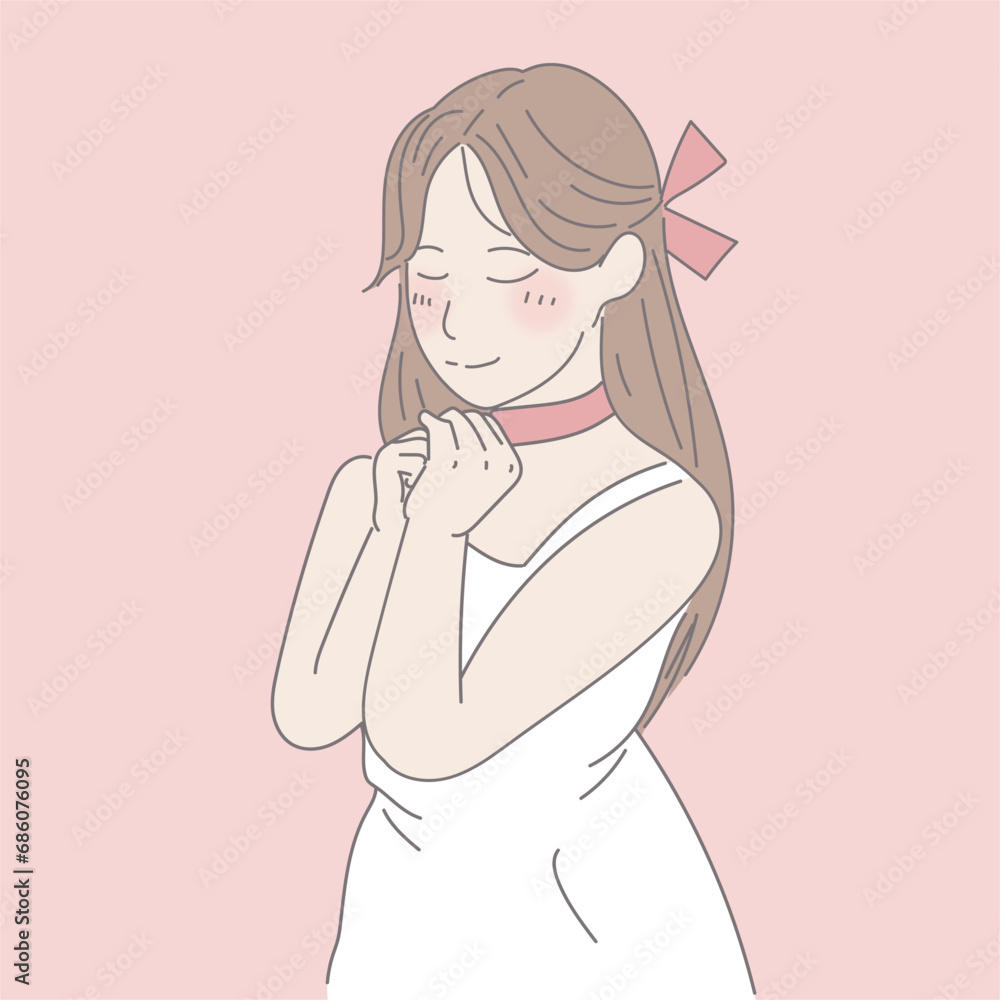 a young woman wearing a white dress and holding her hands on her chest, in the style of kawaii art, light pink and red, animated gifs, simple, colorful illustrations, romantic charm, subtle emotions, a young woman wearing a white dress and holding her hands on her chest, in the style of kawaii art, light pink and red, animated gifs, simple, colorful illustrations, romantic charm, subtle emotions,
