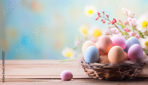 Eggs in a basket with flowers on a wooden table, easter concept