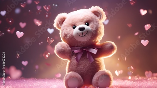Hyper realistic super cute teddy bear holding big shiny heart. Happy Valentine's day greeting card. AI generated image © yekaterinalim