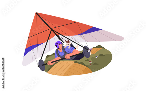 Happy people hang gliding. Man with dog flying on hangglider in air, guy paragliding on deltaplan. Flight in the sky on delta wing. Extreme sport with pet. Flat isolated vector illustration on white
