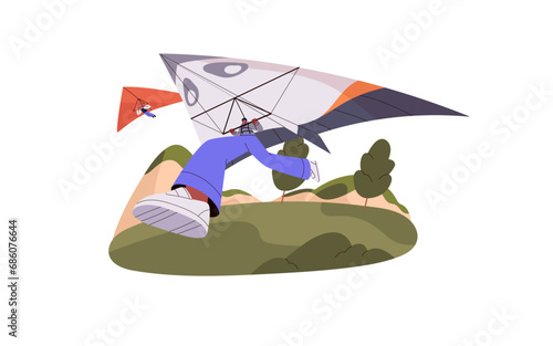 Hanggliders flying on deltaplan, gliders paragliding in air. Flight on delta wing, airplane in sky. Hang gliding sport. Summer extreme activities, travel. Flat isolated vector illustration on white photo