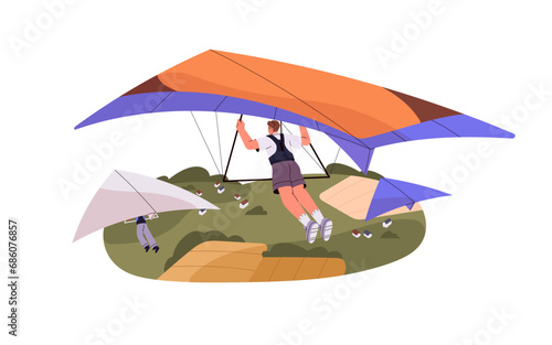 Hanggliders group travel under countryside on deltaplan. Gliders flying, paragliding in air. Flight on delta wing, airplane in sky. Extreme hang gliding. Flat isolated vector illustration on white
