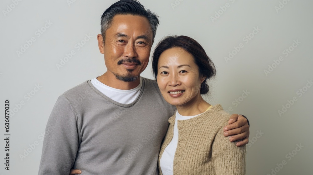 An Asian couple in their middle years, finding comfort in each other's arms indoors. An Asian couple in their middle years, finding comfort in each other's arms indoors.