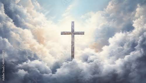 The cross shines and descends from the sky with the sun's glow, easter concept photo