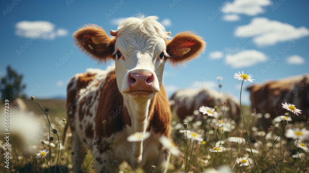 A brown and white cow standing in a field of flowers.