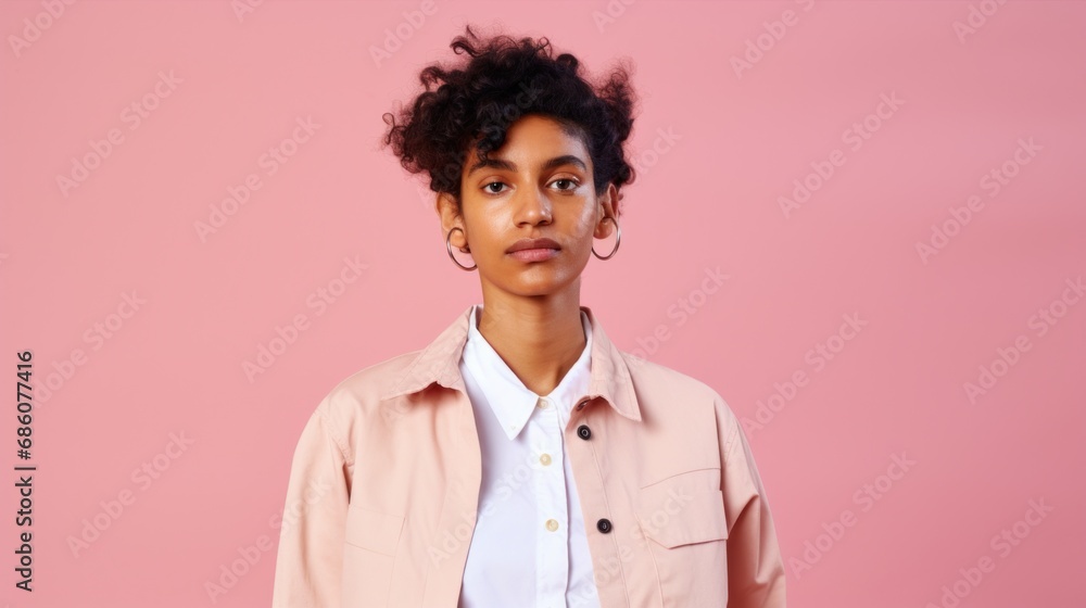 Woman in stylish clothes and diverse hairstyles against a studio backdrop. Woman in stylish clothes and diverse hairstyles against a studio backdrop.
