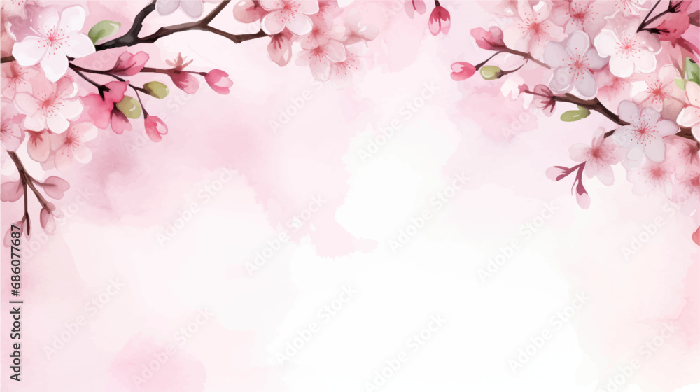 Greeting card template of сherry blossom flowers and branches in vector watercolor style.  - obrazy, fototapety, plakaty 