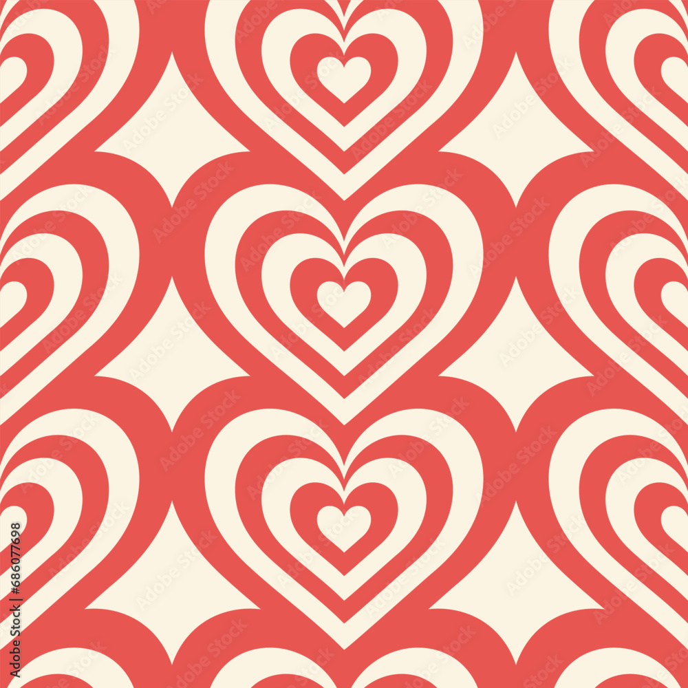Seamless vector pattern with abstract hearts tunnel. Y2k girly background. Valentine day concept. Template with love symbols for wrapping paper, wallpaper, cover, fabric design.