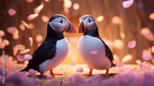 Two super cute puffins bird couple in love. Happy Valentine's day greeting card. AI generated image