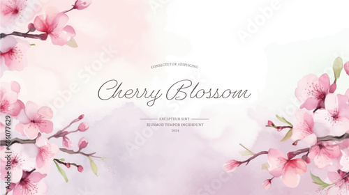 Greeting card template of сherry blossom flowers and branches in vector watercolor style. 