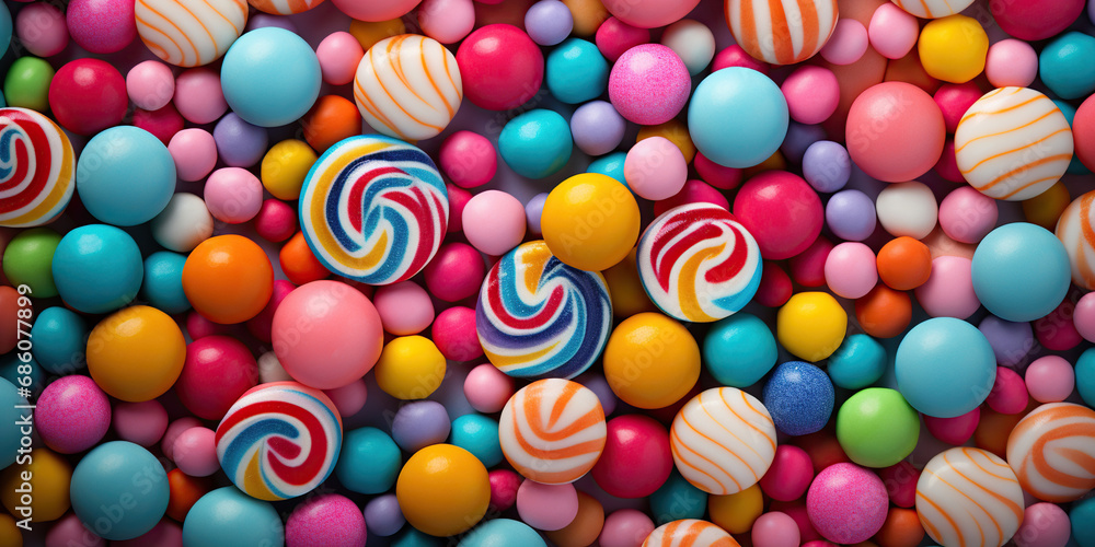 Banner Flat lay of various colorful candies background, Mixed collection, AI Generative