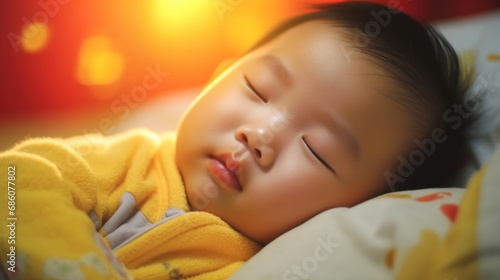 A serene portrait captures a baby nestled in a warm bed in their room.