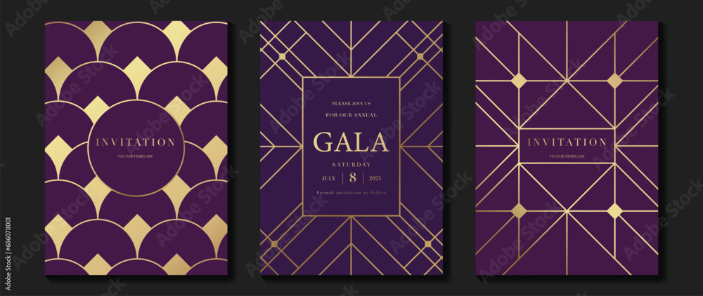 Luxury invitation card background vector. Elegant classic antique design, gold lines gradient on purple background. Premium design illustration for gala card, grand opening, art deco.