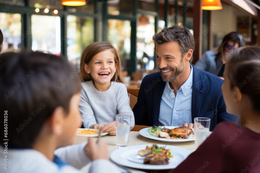 A joyful family, a father and daughters, shares a meal, bonding and smiling together on a terrace.