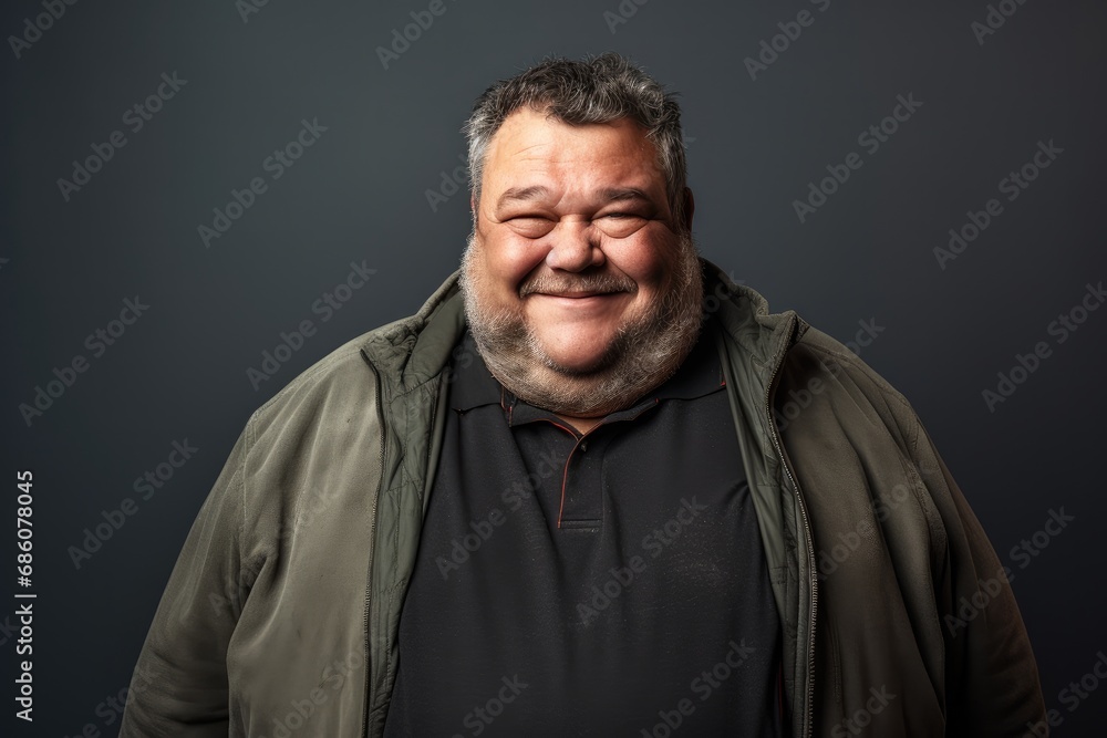 A cheerful Caucasian man with obesity, showcasing positivity and confidence in a studio portrait.