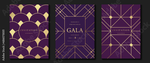 Luxury invitation card background vector. Elegant classic antique design, gold lines gradient on purple background. Premium design illustration for gala card, grand opening, art deco.