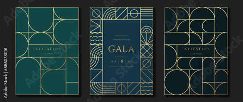 Luxury invitation card background vector. Elegant classic antique design, gold lines gradient on dark blue and green background. Premium design illustration for gala card, grand opening, art deco.