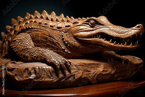 Crocodile-shaped wooden sculpture. Mahogany wood.
