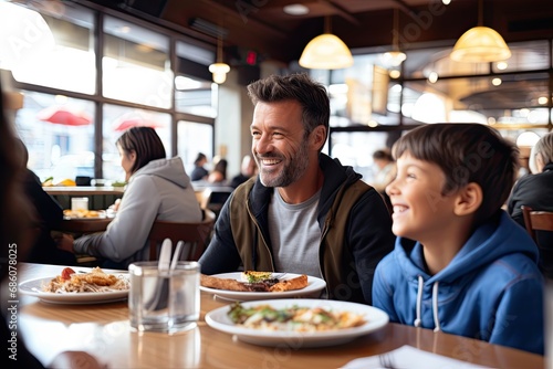 A joyful family, including father and son, sharing a meal together at a pizza cafe, radiating happiness, love, and togetherness.