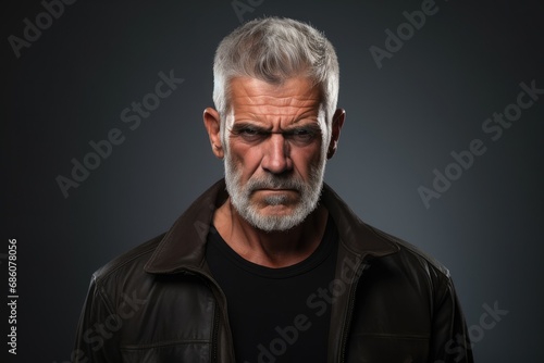 A mature and confident Caucasian man with a beard, gray hair, and a serious expression in a studio portrait. © Andrii Zastrozhnov