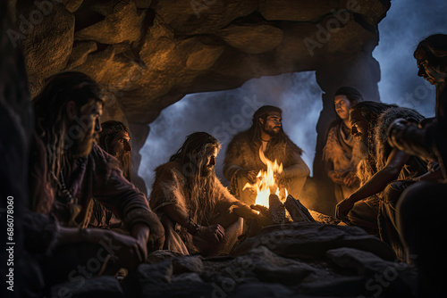 In the dark cave, ancient man sits by the campfire, uniting the family for warmth, fun, and connection. photo