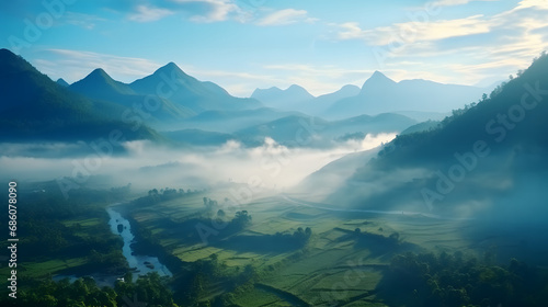 mountains under mist in the morning amazing nautre scene. photo