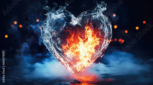 flame flares up in an icy heart, a heart on a dark background is shrouded in a misty haze, a creative picture for Valentine's day photo