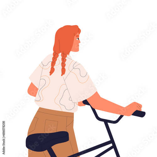 Young woman with pigtails standing, hold bike back view. Pedestrian cyclist moves bicycle. Redhead girl with urban eco transport walking in city. Flat isolated vector illustration on white background