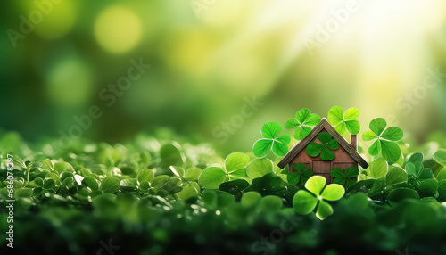 Clover and a small forest house, concept St.Patrick 's Day photo