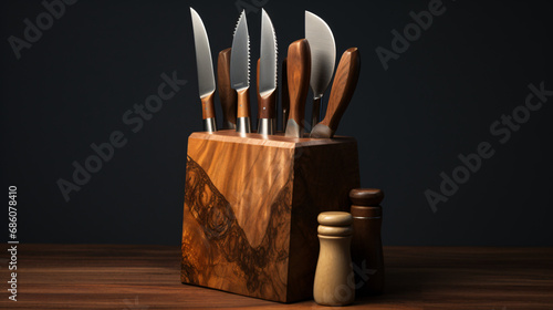 Knife block and utensil on the table.