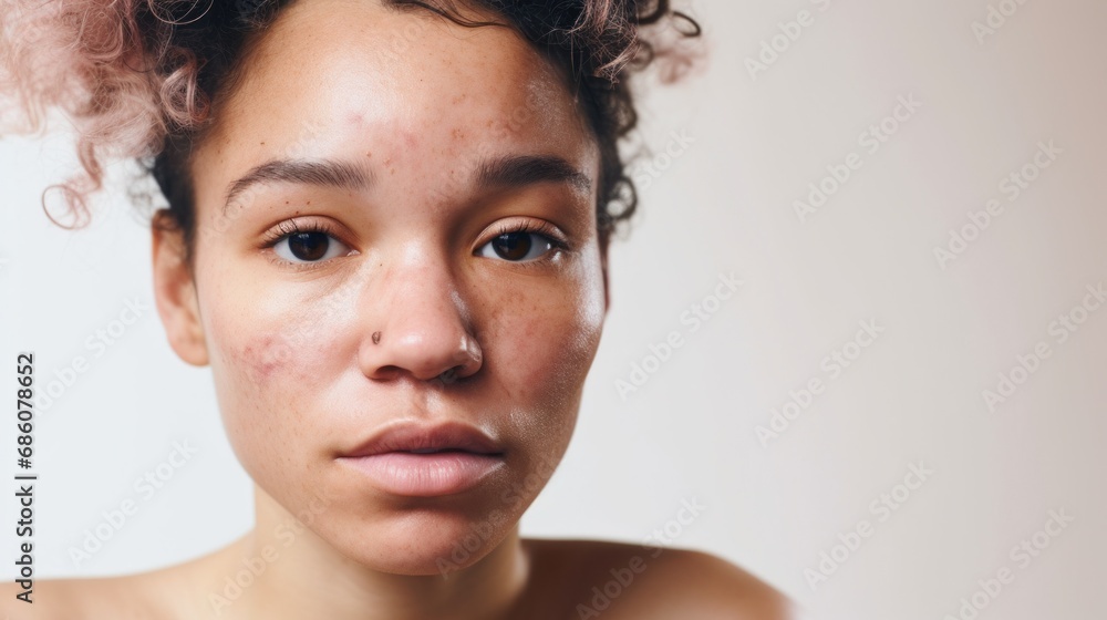 Real beauty shines through as a woman with mixed skin tones poses against a studio's beige backdrop. Real beauty shines through as a woman with mixed skin tones poses against a studio's beige backdrop.