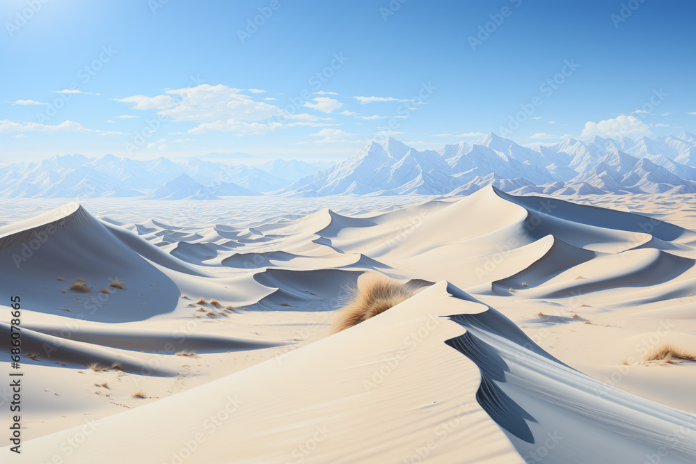 highland desert landscape with sand dunes and mountains on the backdrop