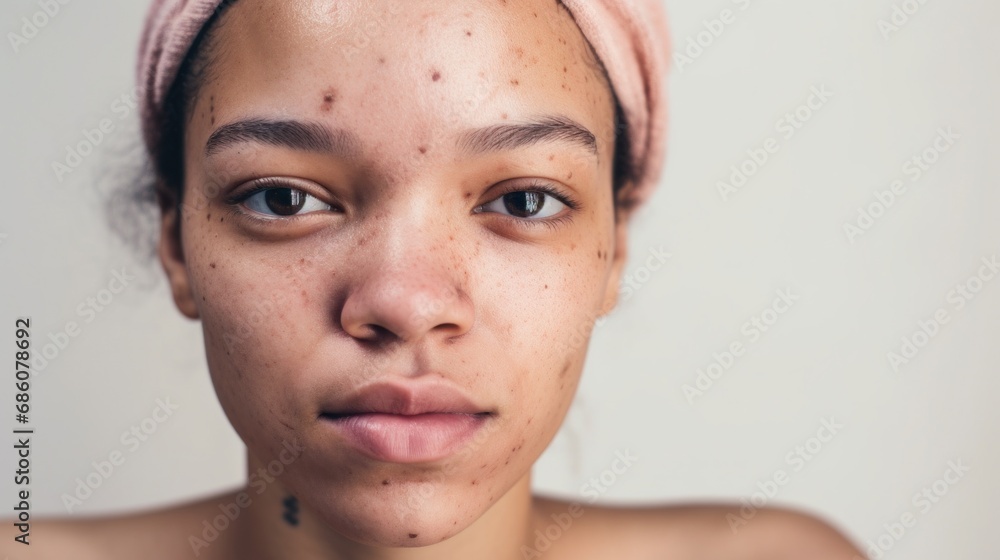 Against a neutral studio background, an authentic woman embraces her imperfections. Against a neutral studio background, an authentic woman embraces her imperfections.