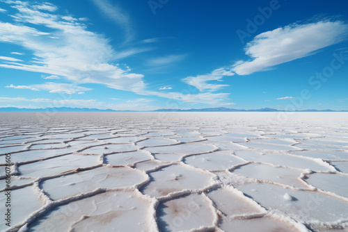 landscape of dry salt lake bed with white cracked surface