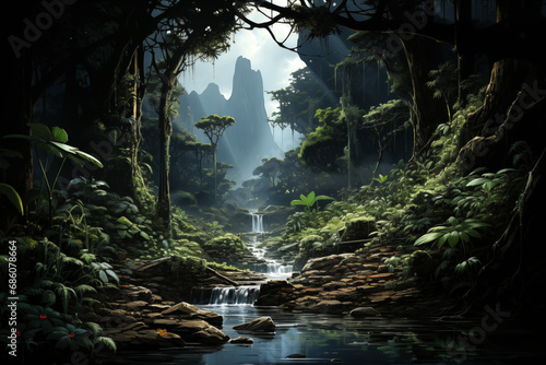 fantasy landscape with dark rainforest in mountain valley © Evgeny