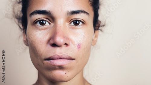 Against a light beige backdrop, an authentic woman showcases her imperfect, flawed skin.