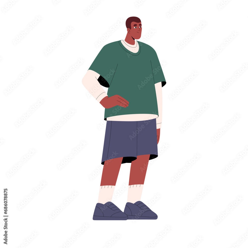 African american people standing. Young black man in casual outfit posing: hand on his hip. Happy guy in oversize look. Modern urban fashion. Flat isolated vector illustration on white background African american people standing. Young black man in casual outfit posing: hand on his hip. Happy guy in oversize look. Modern urban fashion. Flat isolated vector illustration on white background