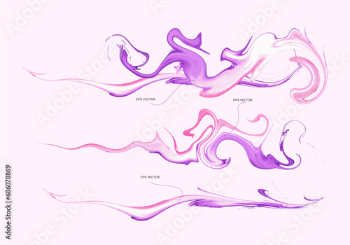 Purple cartoon smoke clouds. Comic smoke flows, dust, smog and smoke steaming cloud silhouettes isolated vector illustration set. Abstract Purple and pink swirl wave background