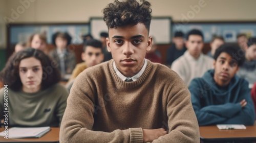 In a classroom setting, a solitary teen boy looks directly at the camera, conveying a sense of melancholy.